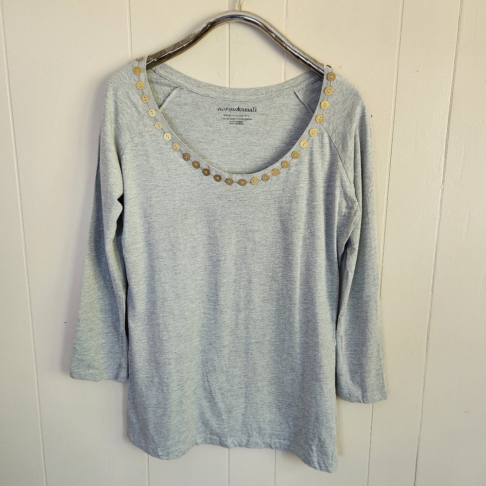 Norma Kamali gray organic cotton scoop neck tee t-shirt button embellishment XL - Picture 2 of 13